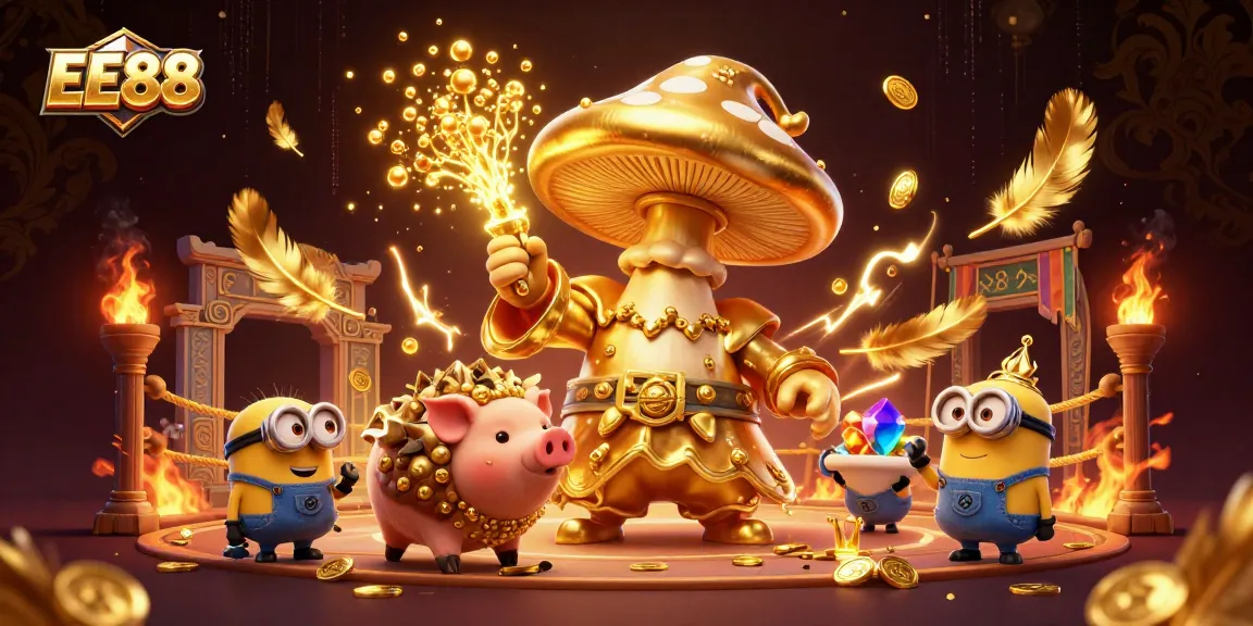 Experience EE88's enchanting casino magic with a golden wizard and treasures.