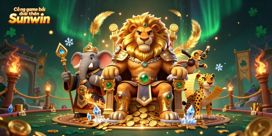 Cổng game bài đổi thưởng Sunwin features a dynamic scene with a lion king, wise elephant, and quick cheetah amidst a rich casino background.