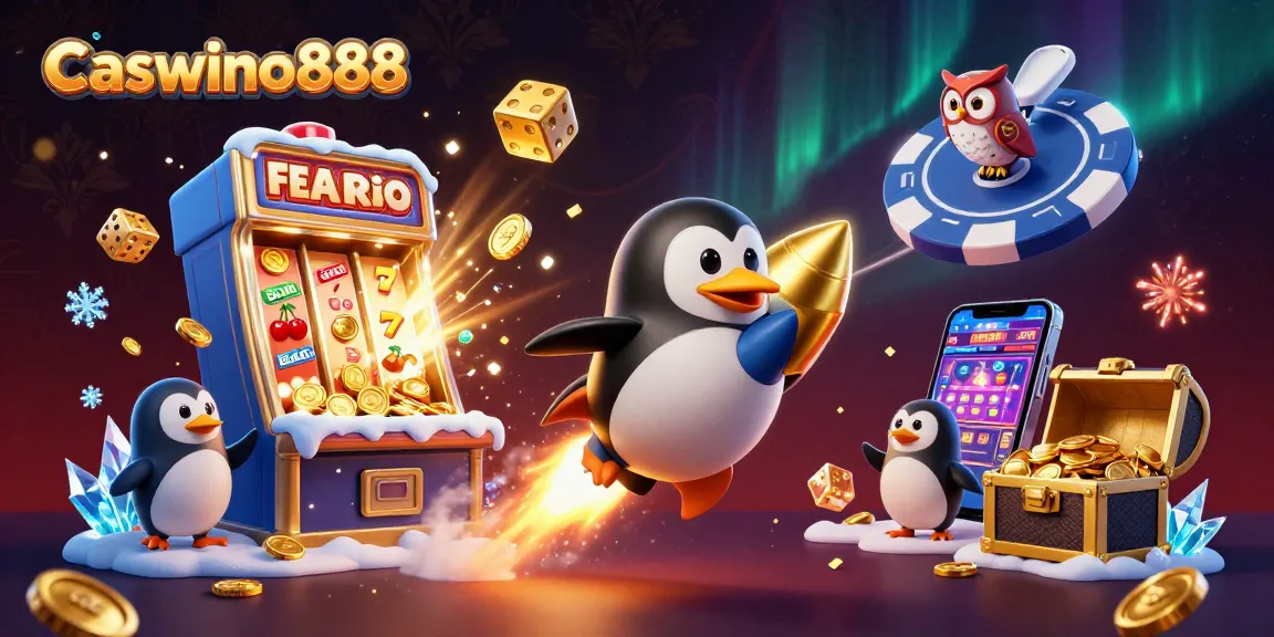 Experience the thrill of Caswino888's gaming universe with a golden penguin mascot, jackpot slots, and casino excitement.