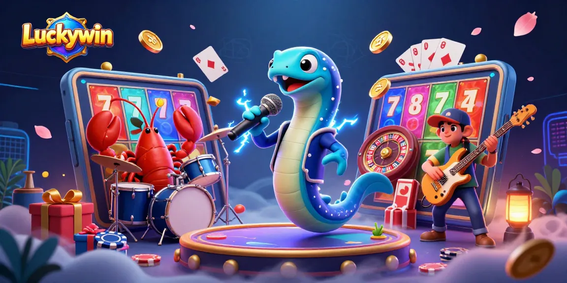 Luckywin scene featuring an electric eel DJ, lobster drummer, and seahorse guitarist at an underwater casino