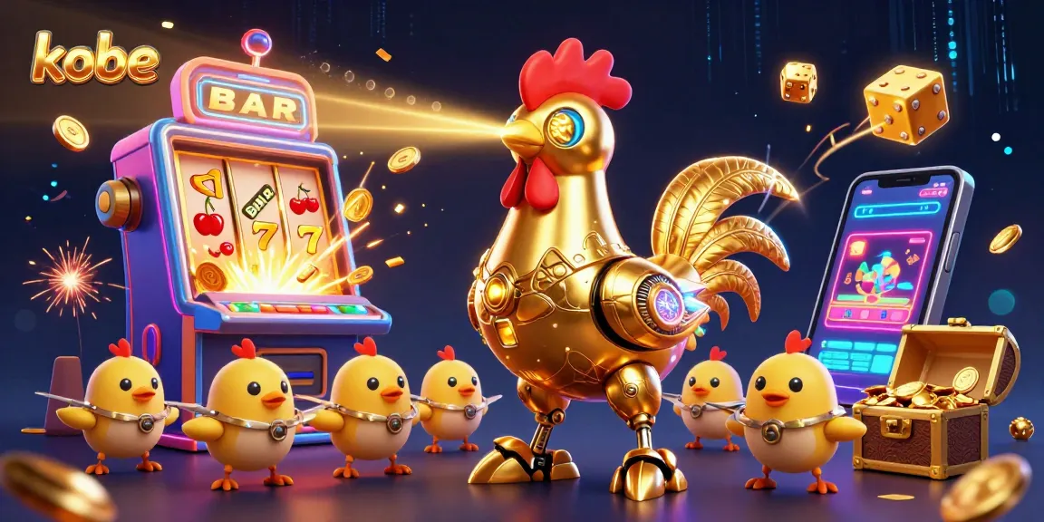Kobe's golden rooster robot and chick drones engage with vibrant slot machine in a dazzling casino scene