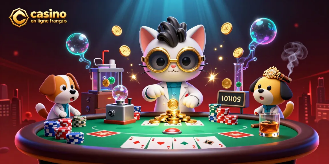 Jouez dans un casino en ligne français tout en découvrant un chat scientifique fou et son chien assistant entourés de jetons et de cartes de poker.