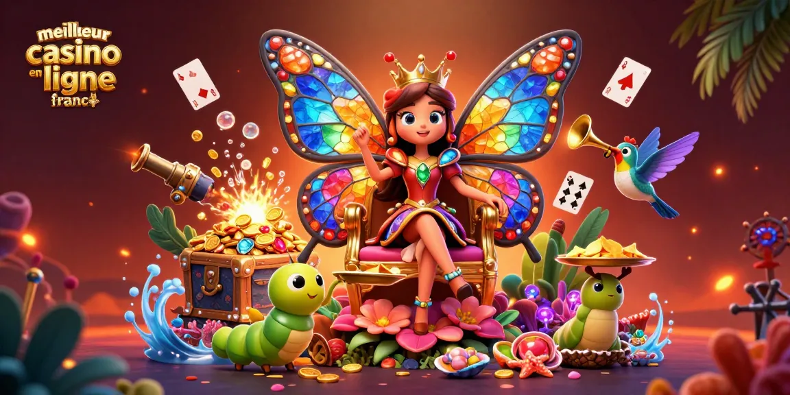 Visuel attractif de la reine des papillons au meilleur casino en ligne France avec des jetons et des cartes de jeu.