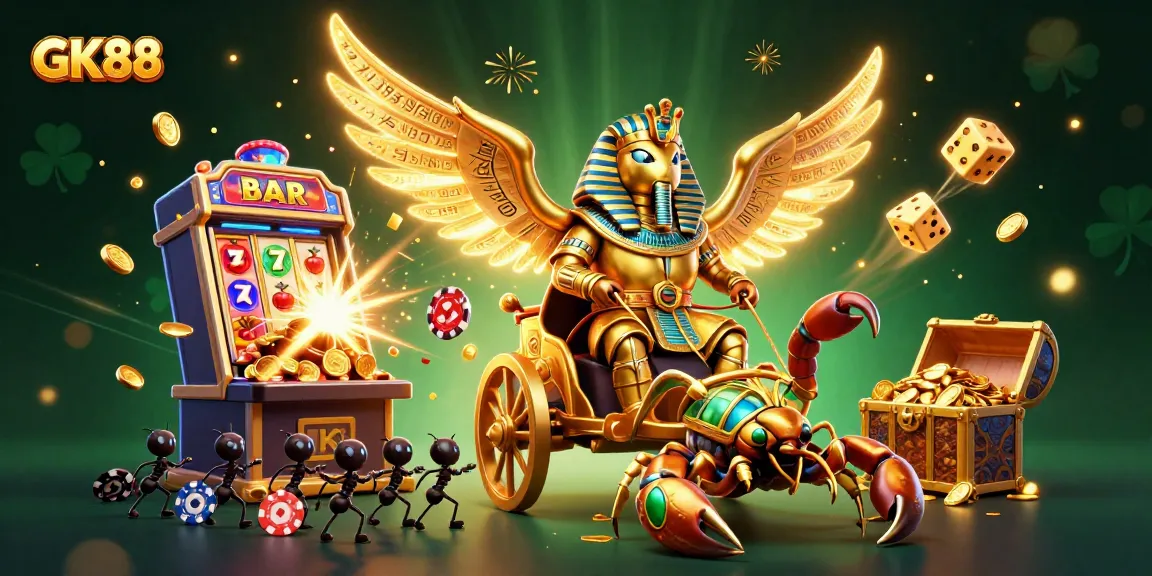 Experience GK88’s thrilling jackpot action with golden scarabs, vibrant slot machines, and dazzling gaming elements.