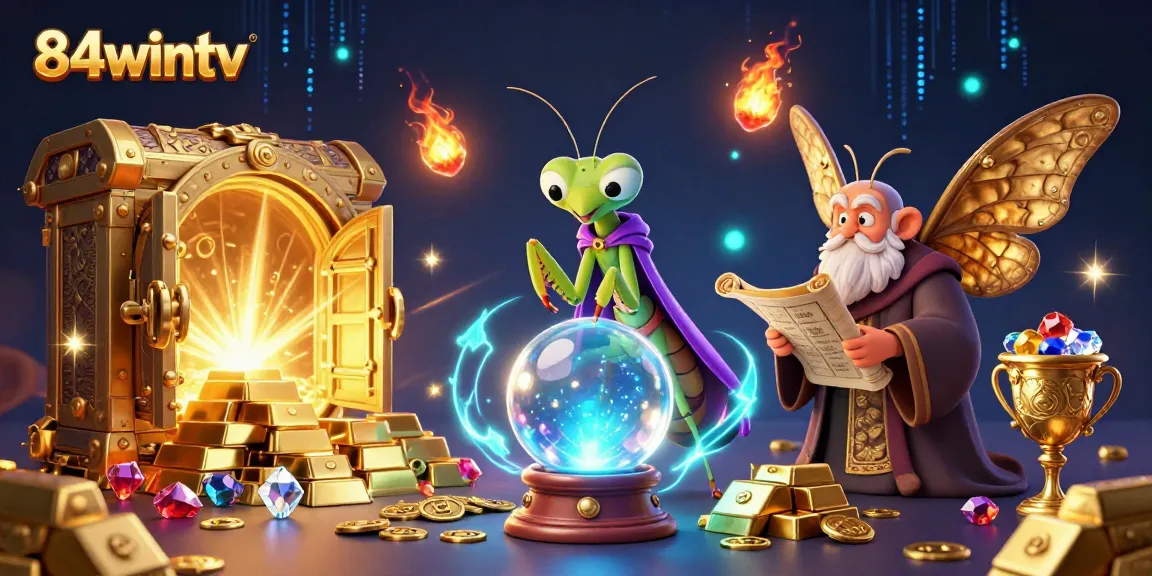 Engage with 84wintv in a vibrant 3D illustration showcasing fortune tellers amidst jewels and gold.