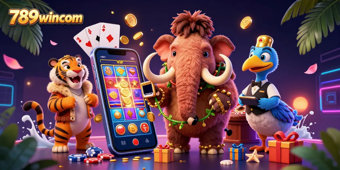 Engage in thrilling gaming at 789wincom with a vibrant casino scene featuring dynamic characters and colorful gaming elements.