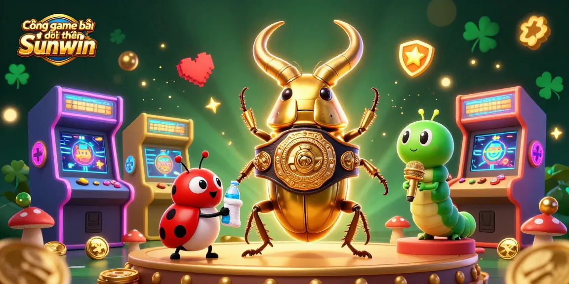 Experience the excitement of Cổng game bài đổi thưởng Sunwin with a vibrant 3D illustration showcasing a giant stag beetle boxing champion, rich casino elements, and playful characters.