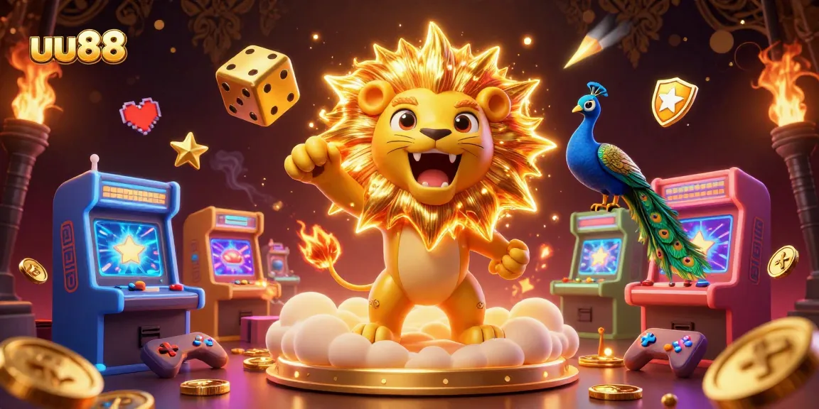 Experience excitement at uu88 with a 3D cartoon lion roaring triumphantly amid gambling elements.