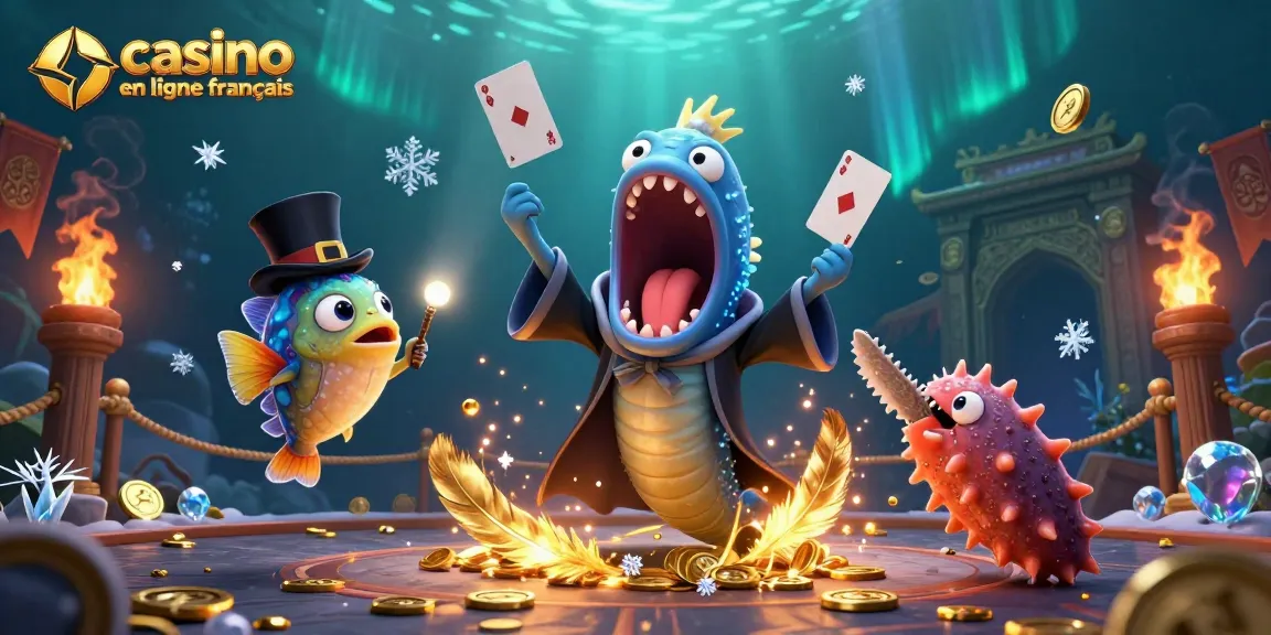 Plongez dans l'univers du casino en ligne français avec cette illustration captivante de créatures marines en action.