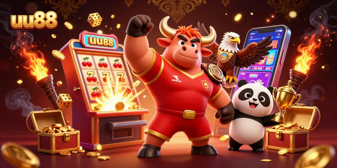 Spin big wins with uu88 as the cartoon bull celebrates a jackpot explosion in a vibrant casino!