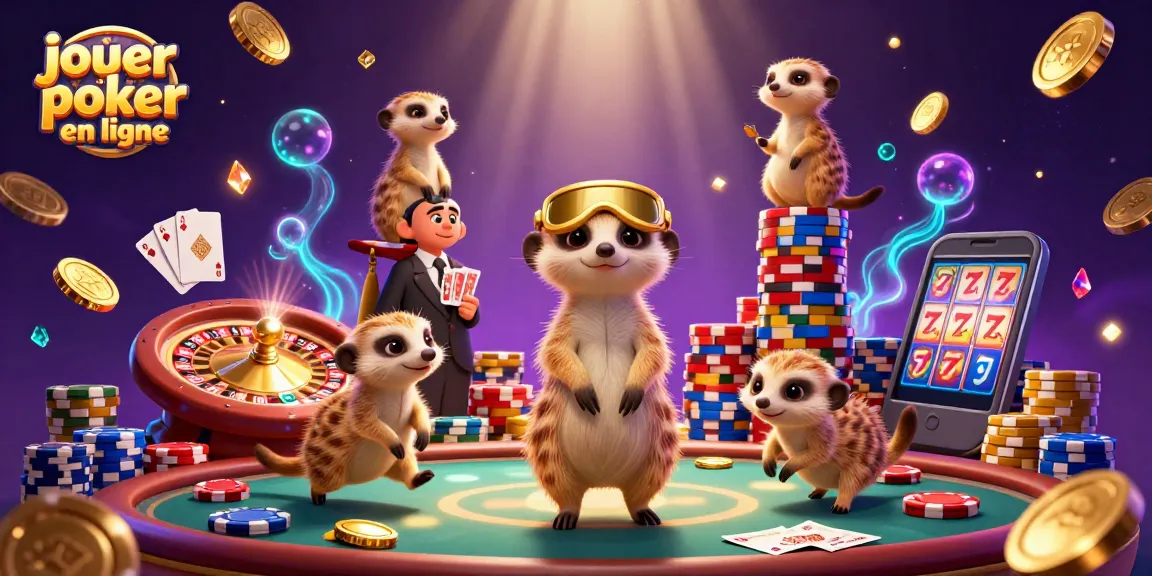 Jouer au poker en ligne avec des meerkats dans un casino animé, entouré de jetons et de pièces d'or.