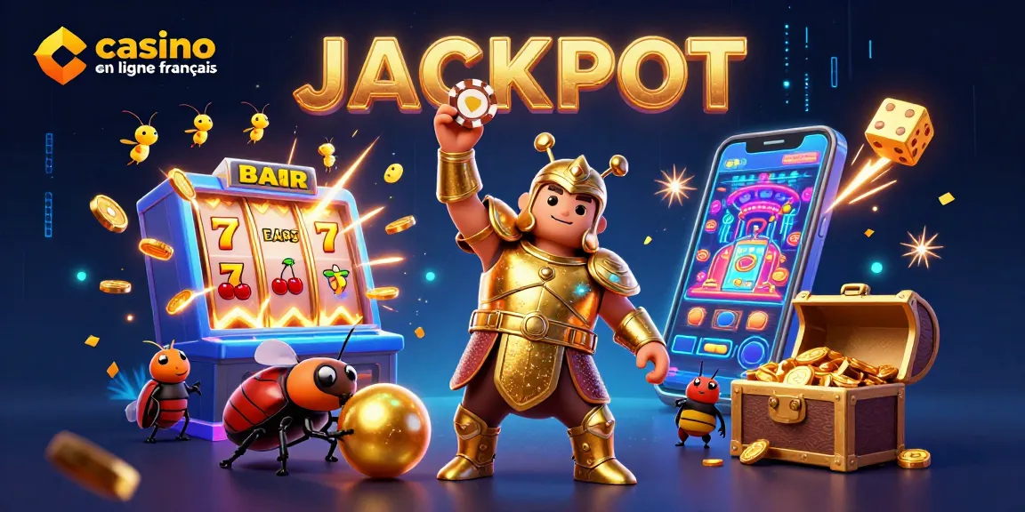 Illustration dynamique représentant un casino en ligne français avec des personnages de coccinelles et une machine à sous explosant de pièces.