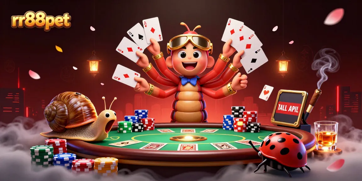 rr88pet showcases a dynamic casino scene with a cartoon millipede dealer fanning cards and a snail pushing chips