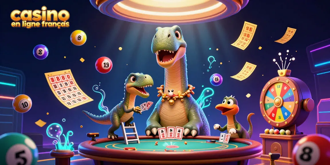 Découvrez l'univers du casino en ligne français avec cette illustration dynamique mettant en scène un brontosaurus et un rapace dealer de cartes.