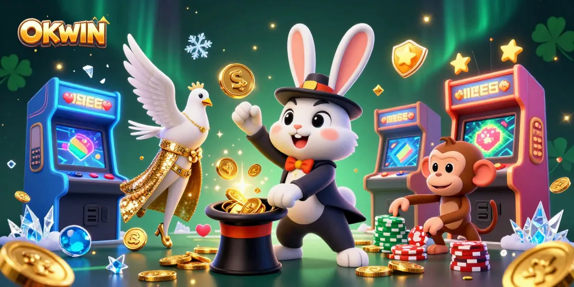 Experience the thrill of OKWIN with a vibrant casino-themed illustration filled with excitement and magic.