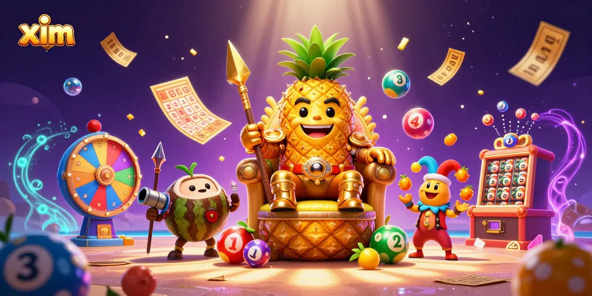 XIM's vibrant casino scene features a golden pineapple king among lottery elements, creating an exciting gambling vibe.