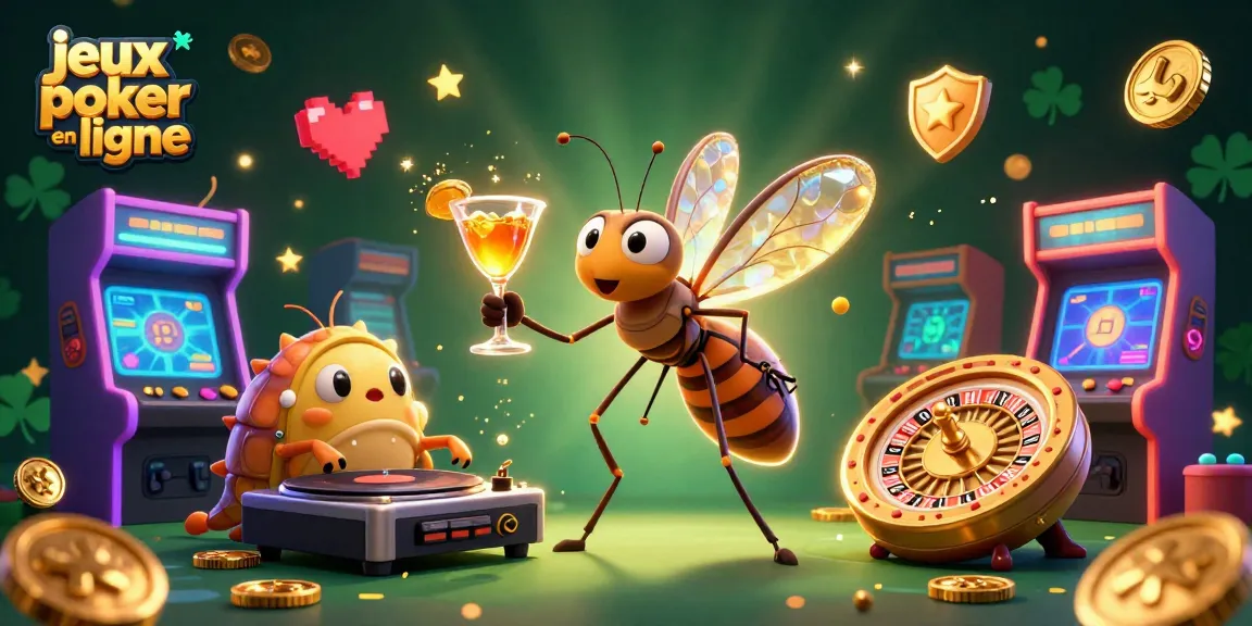 Jouez aux jeux poker en ligne avec une ambiance dynamique et festive, illustrée par des personnages emblématiques.