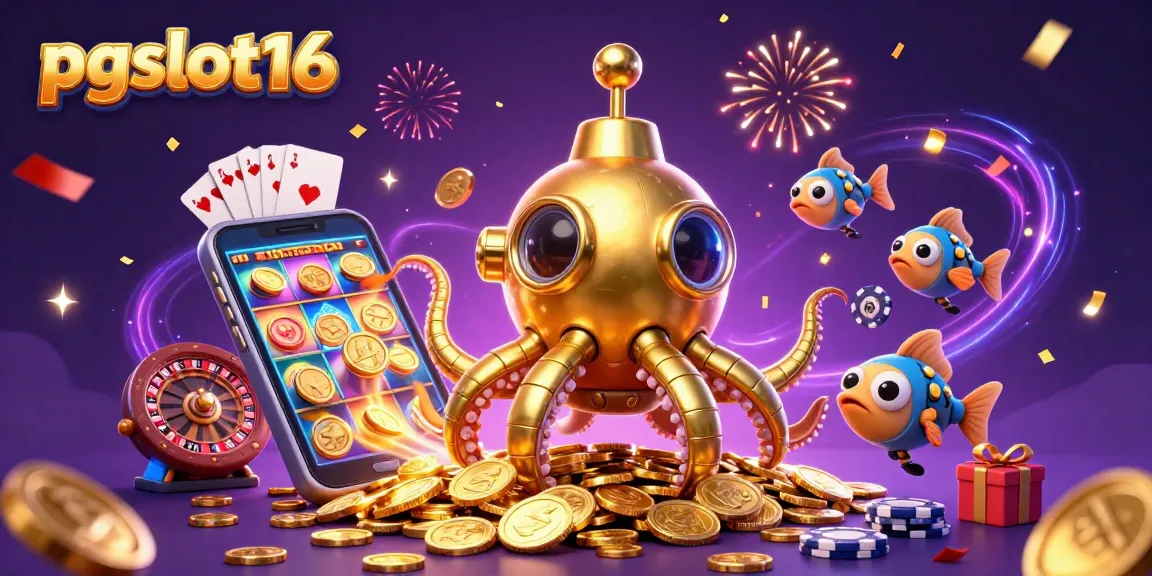 Engage with pgslot16 through an action-packed scene featuring a kraken submarine and golden coins.