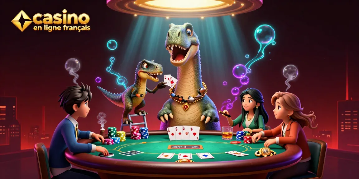 Jouer au poker avec un brontosaurus géant et un raptor à un casino en ligne français.