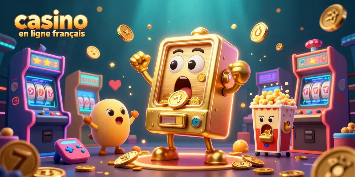 Jouer au casino en ligne français avec des machines à sous dorées et des jeux d'arcade animés.