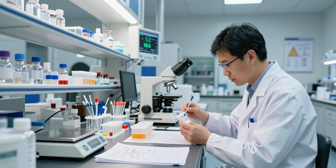 Researcher analyzing multi-vial peptide kits in a modern lab environment, emphasizing precision and innovation.