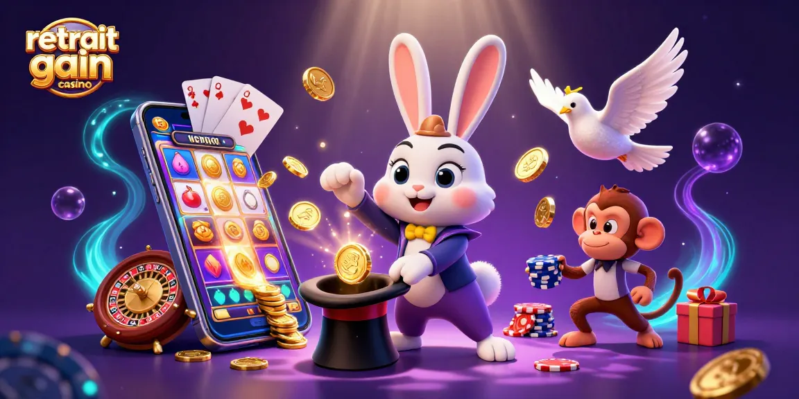 Retrait gain casino : illustration d'un lapin magicien, une colombe, et un singe volant des jetons poker.