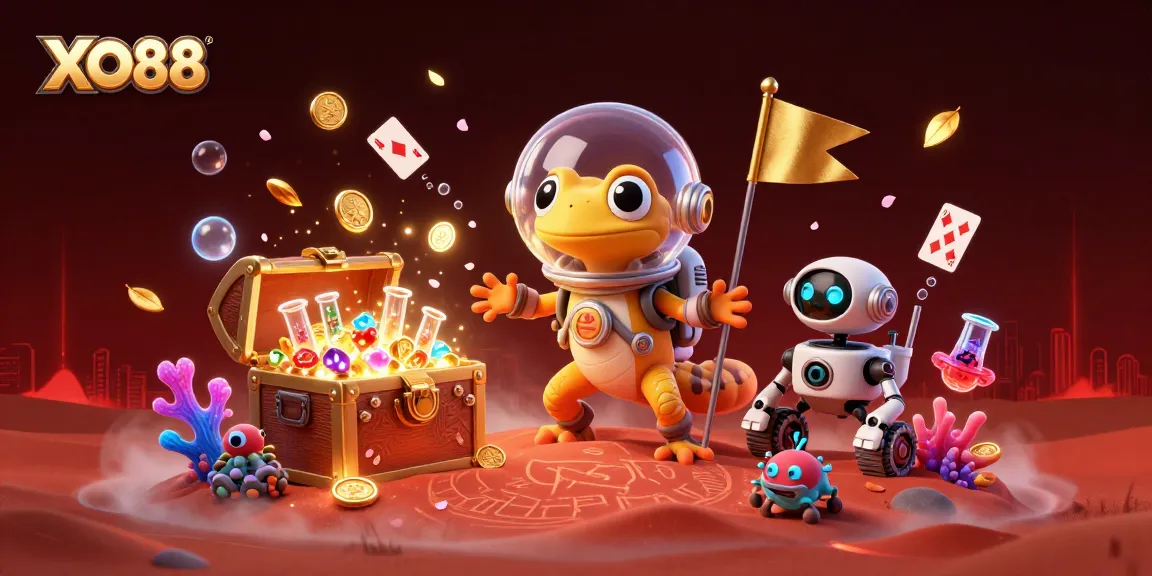 Celebrate wins at XO88 with an illustrated Martian gecko uncovering a golden casino amidst vibrant treasures.