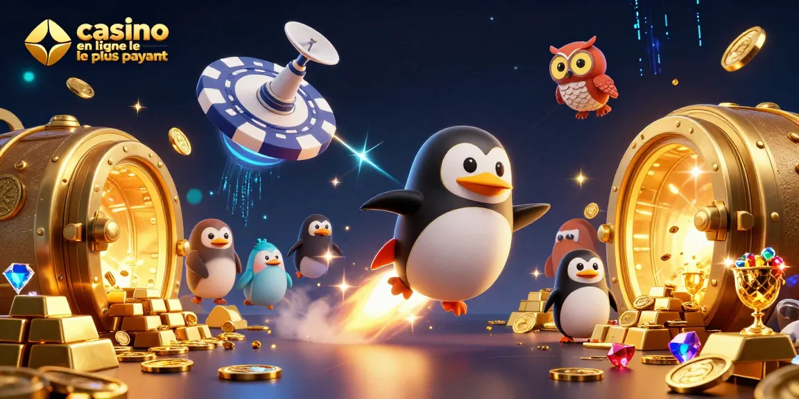 Illustration du casino en ligne le plus payant avec un pingouin doré et des trésors étincelants.