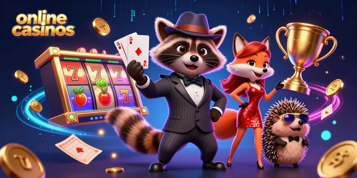 Experience the excitement of online casinos with a suave raccoon, stunning fox, and hedgehog bouncer in a dynamic slot game scene.