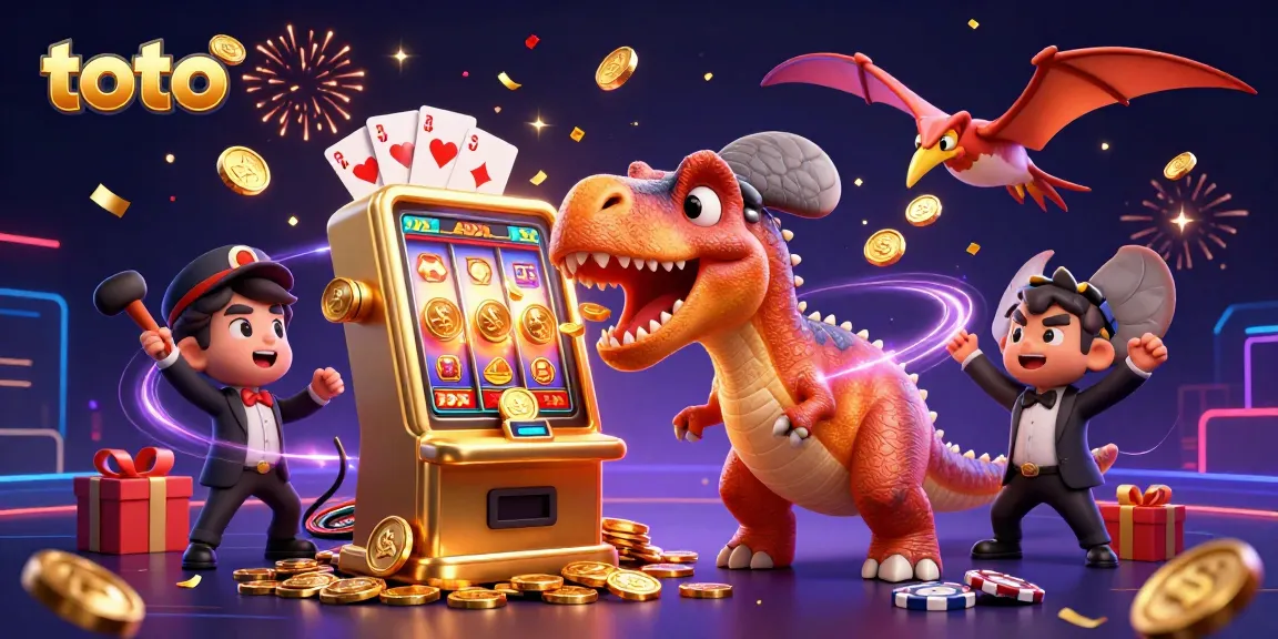 Toto mengalahkan mesin slot emas untuk jackpot, dengan manajer kasino panik dan pteranodon menangkap koin emas yang terbang.
