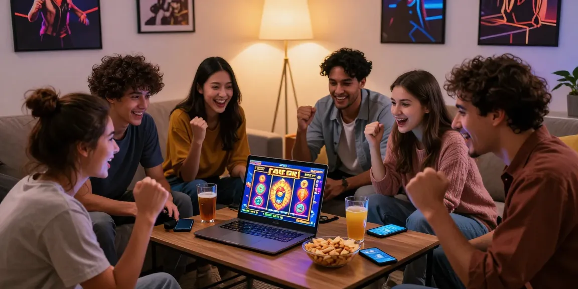 Friends celebrating a big win on slot gacor at home, showing excitement and camaraderie in a cozy setting.