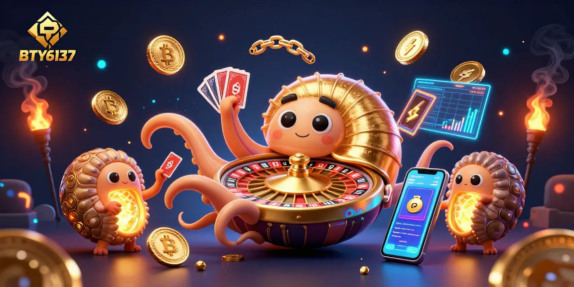 Engage with BTY6137's vibrant crypto casino scene featuring an ancient nautilus roulette wheel and glowing currencies.