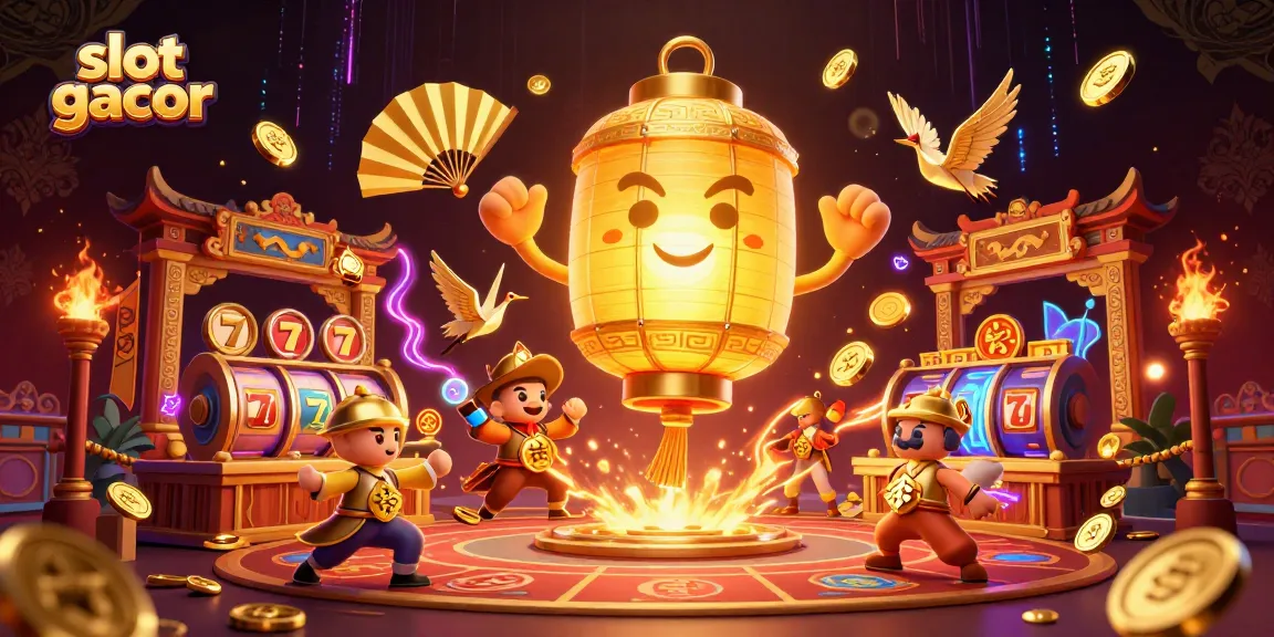 Experience thrilling slot gacor action with a vibrant casino scene featuring golden lantern spirits and lucky symbols.